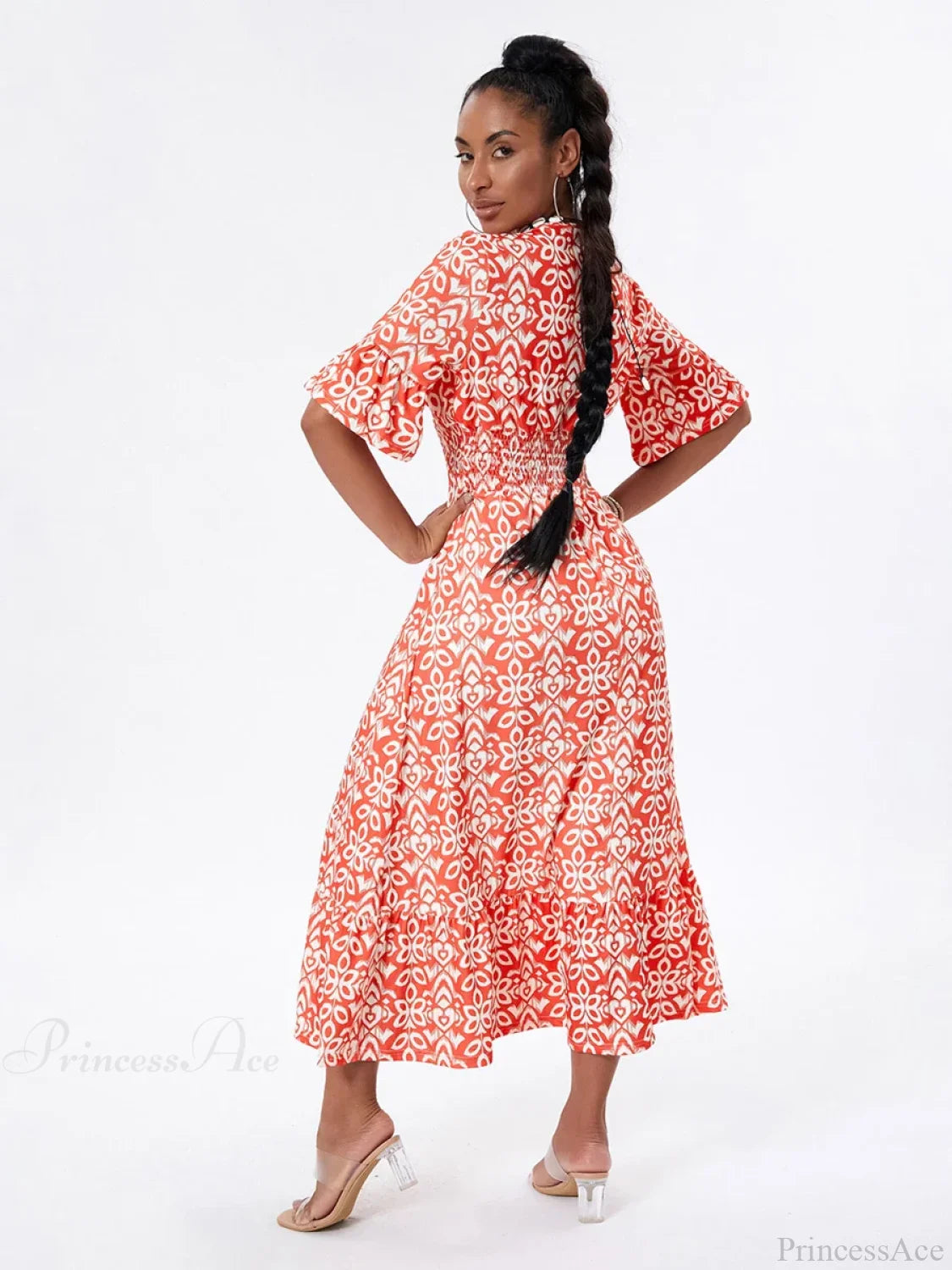 Floral Print Beach Midi Casual Flare Sleeve A-Line Ruffled Floral Dress floraldress-250126