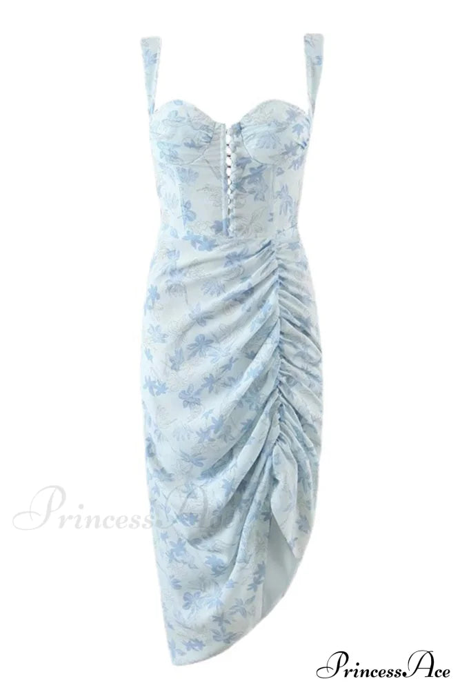 Floral Print Blue Corset Ruched Split Dress Midi Dresses