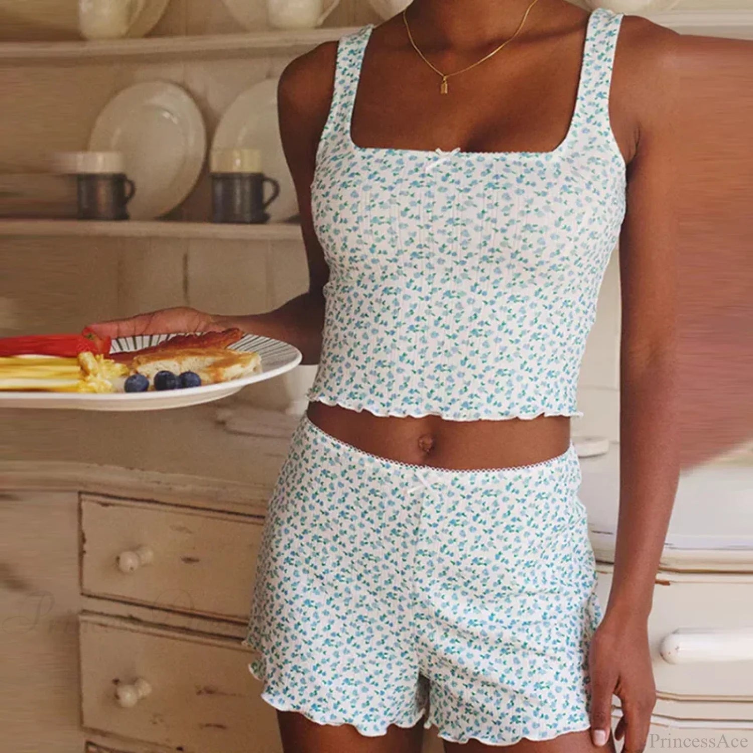 Floral Print Bow Trim Sleeveless Crop Tops Shorts Two Pieces Set green / S twopiecesset-250126