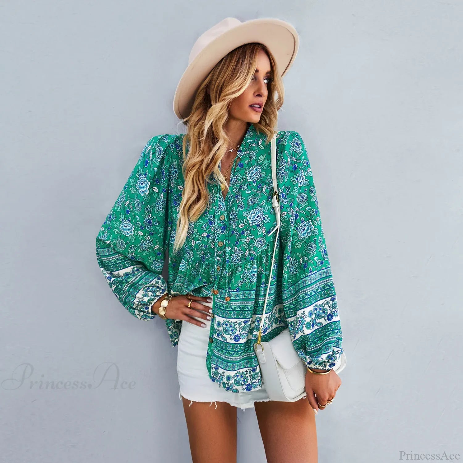 Floral Print Button-Up Long Sleeve Boho Blouse Green / S bohoblouse-250126