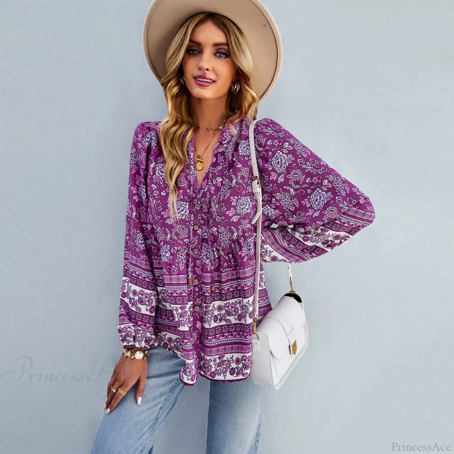 Floral Print Button-Up Long Sleeve Boho Blouse Purple / S bohoblouse-250126