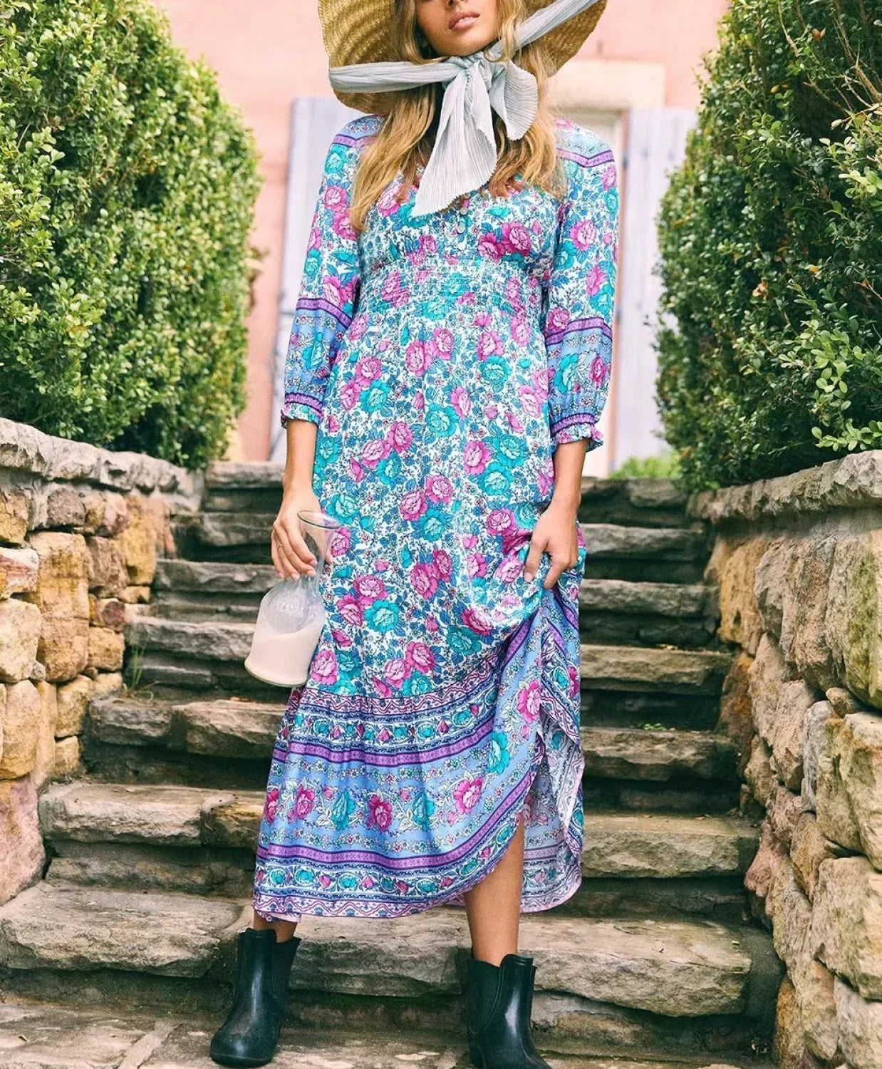 Floral Print Cross V-neck Button Summer Boho Dress Blue / S bohodress-250126