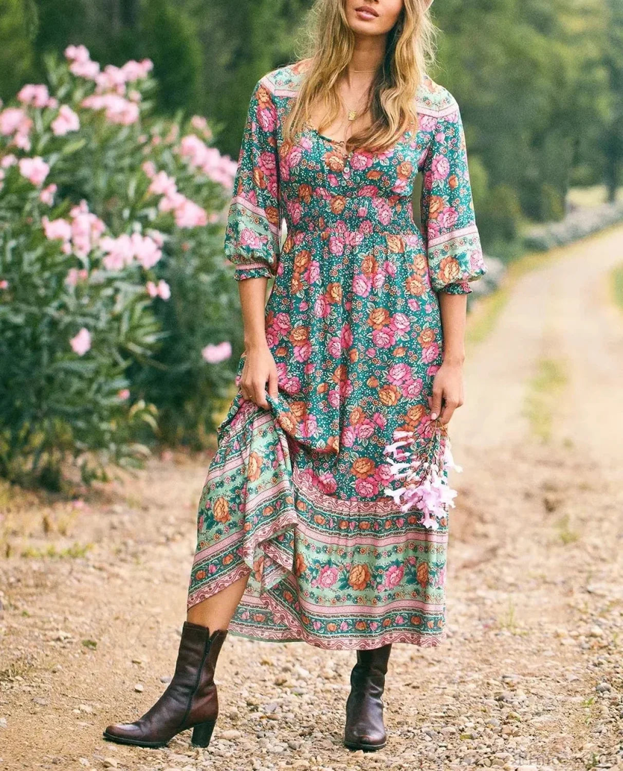 Floral Print Cross V-neck Button Summer Boho Dress Green / S bohodress-250126
