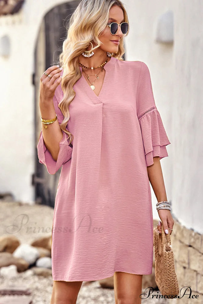 Floral Print Deep Trendy V Neck Casual Dress L / Hotpink