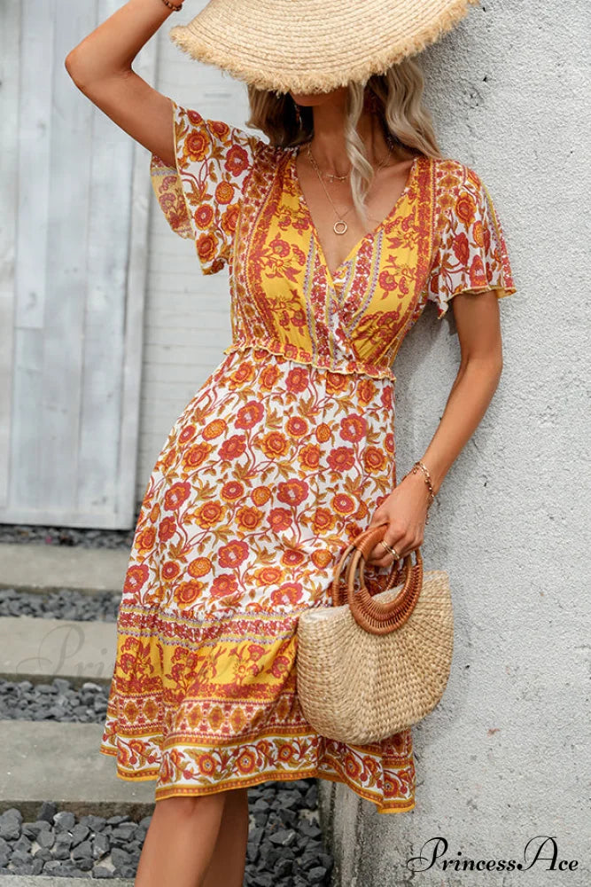 Floral Print Deep Trendy V Neck Mini Dress