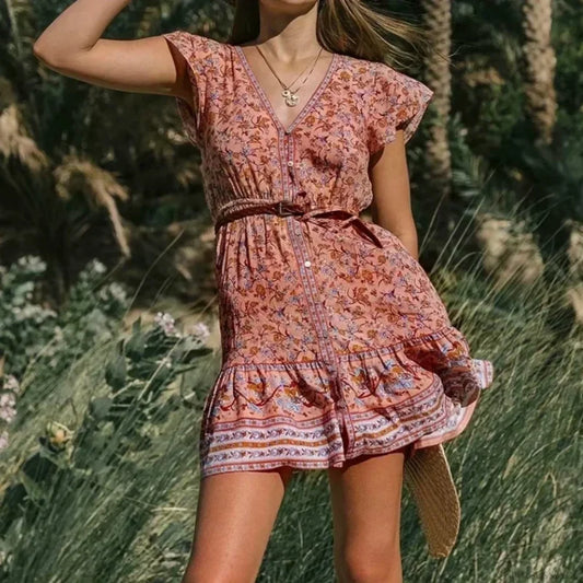 Floral Print Deep V-neck Short Sleeve Vacation Mini Boho Dress Pink / S bohodress-250126