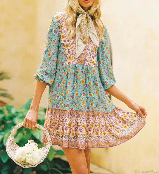 Floral Print Deep V-neck Three Quarter Sleeve Vacation Mini Boho Dress blue / S bohodress-250126