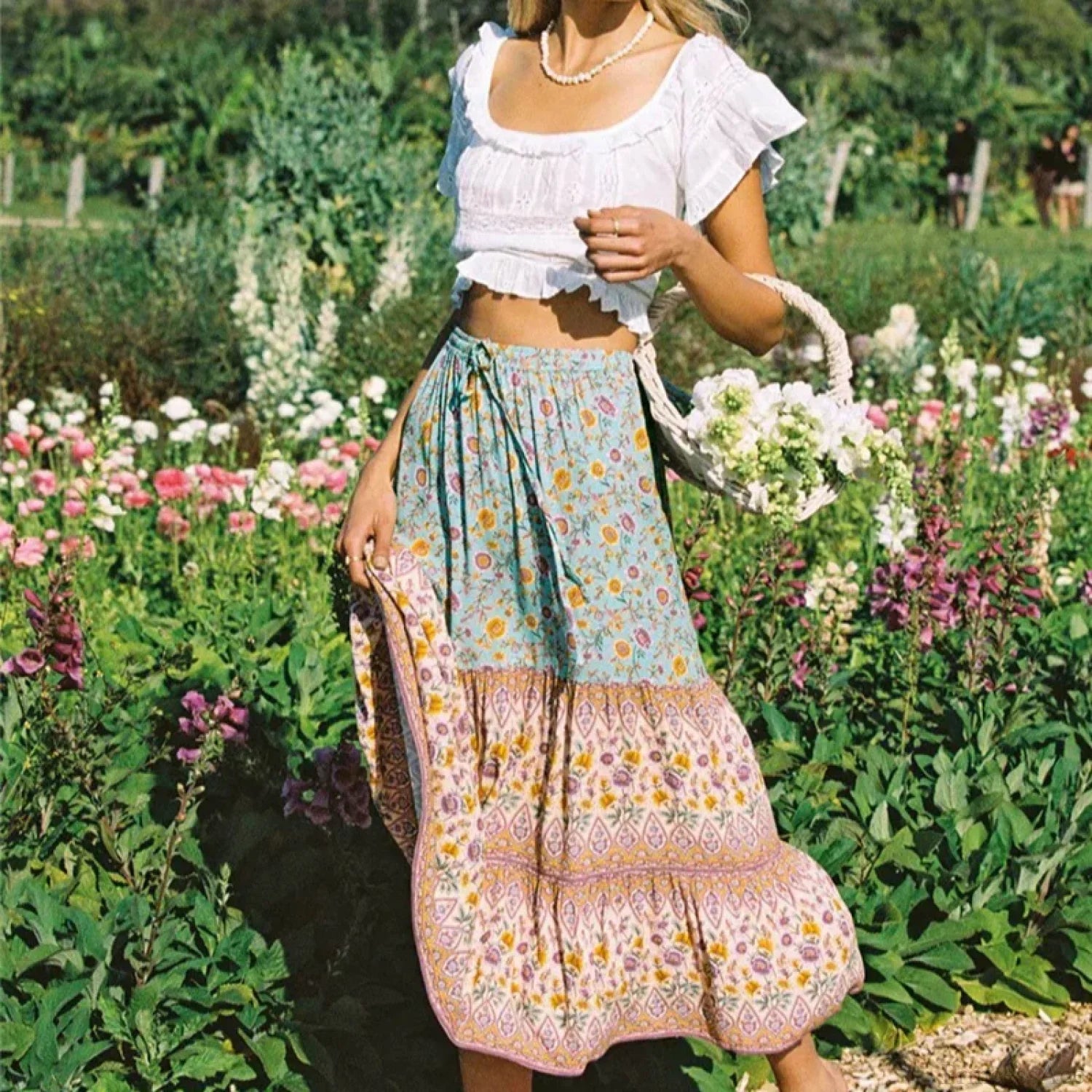 Floral Print Ethnic Beach Boho Rayon Skirt Green / S skirt-250126