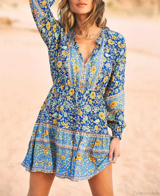 Floral Print Ethnic Long Sleeve V-neck Button Belt Ruffles Mini Boho Dress Blue / S bohodress-250126