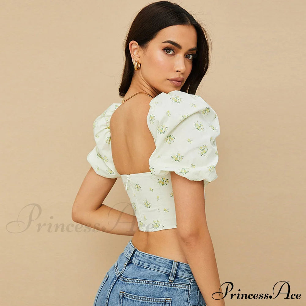 Floral Print Graceful Two Piece Set M / White Crop Tops