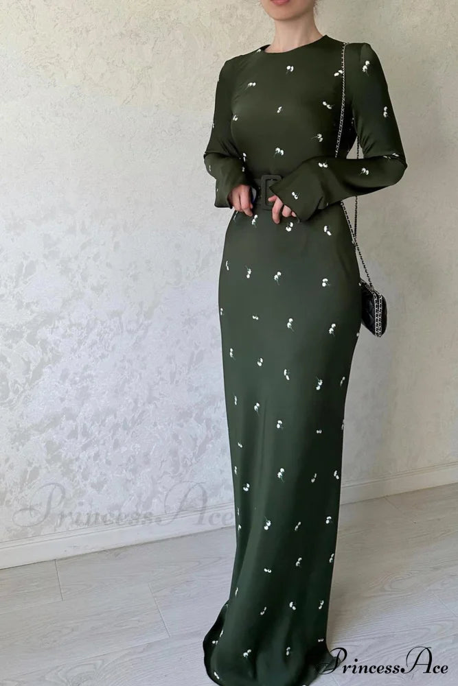 Floral Print High Waist Midi Dress With Belt Dark Green / 2Xl Dresses