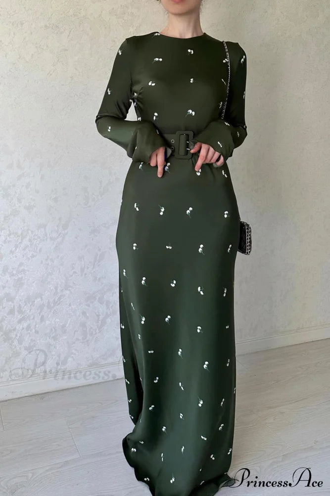 Floral Print High Waist Midi Dress With Belt Dark Green / M Dresses