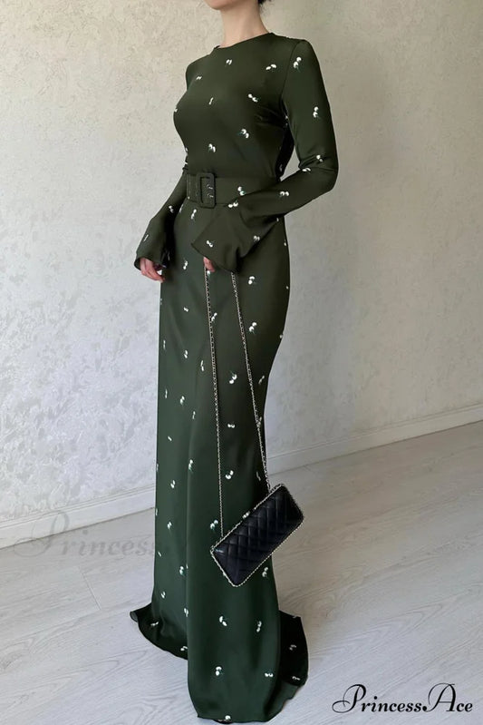 Floral Print High Waist Midi Dress With Belt Dark Green / S Dresses