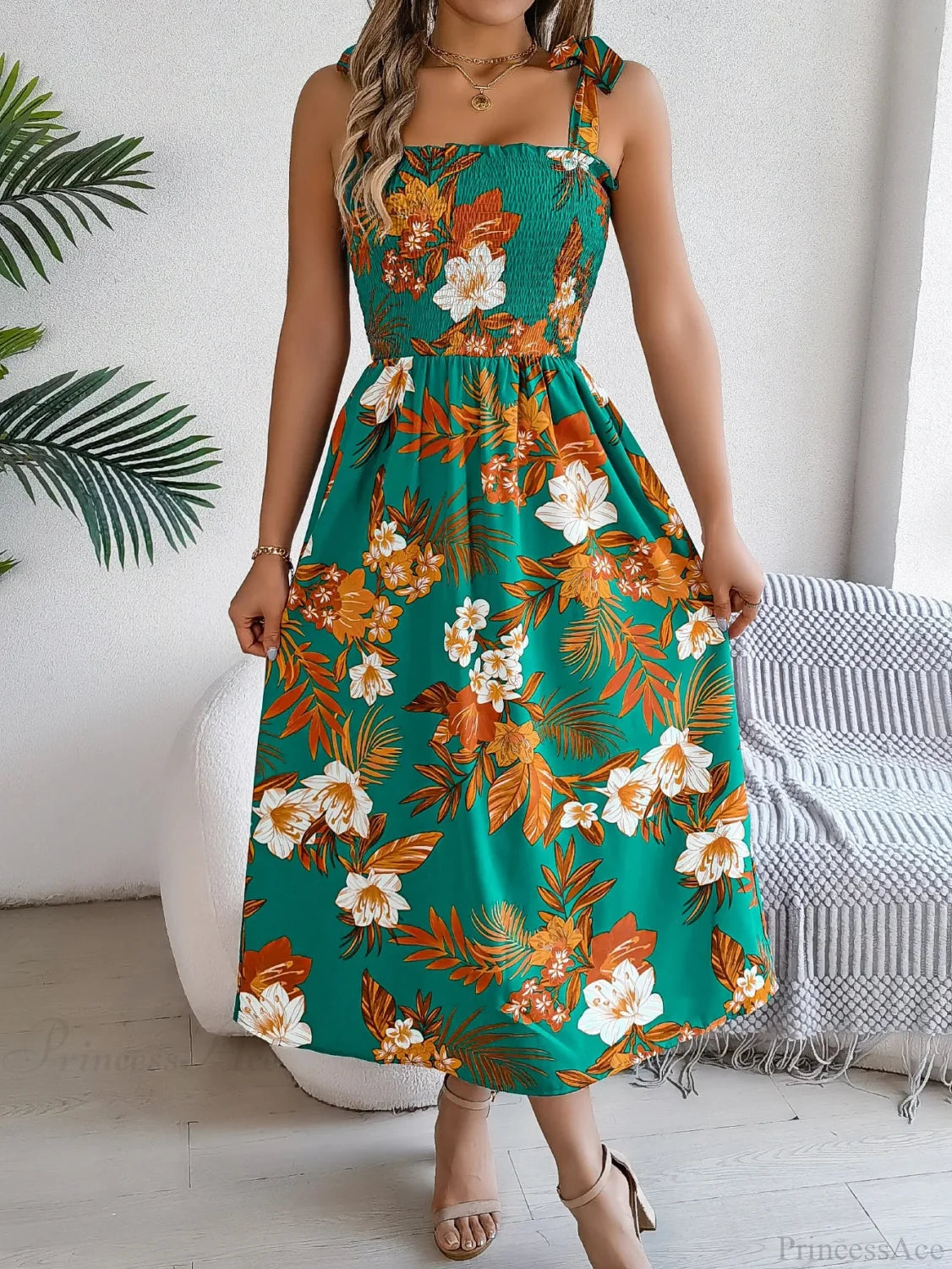 Floral Print Lace-up Sleeveless Vacation Floral Dress Green / S oldfloraldress-250126