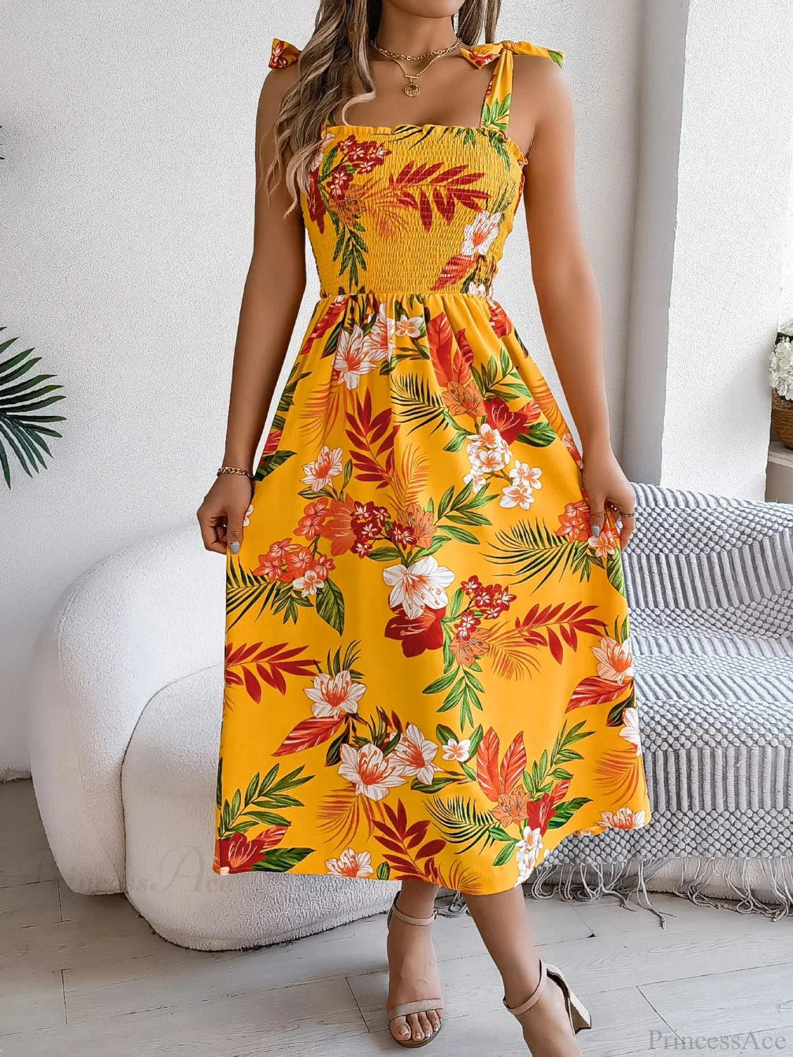 Floral Print Lace-up Sleeveless Vacation Floral Dress Yellow / S oldfloraldress-250126