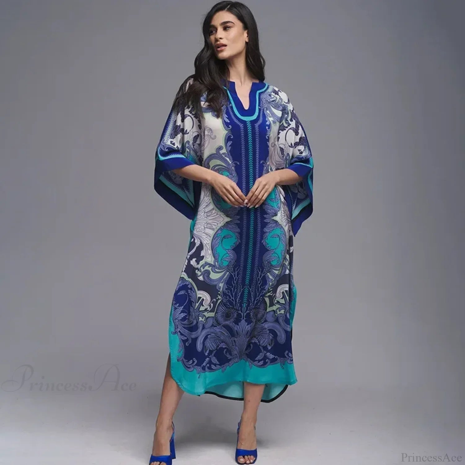 Floral Print Loose Kimono Boho Beach Cover up Blue / One Size bohocoverup-250126