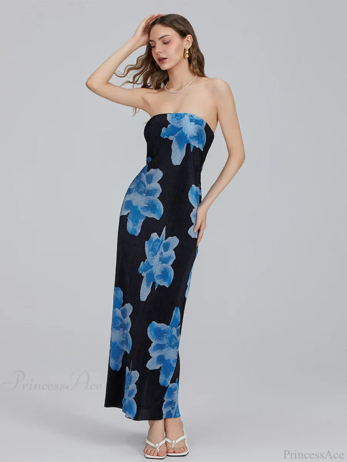 Floral Print Off-Shoulder Bandeau Pleated Tube Top Backless Party Dress BLACK2 / S floraldress-250126