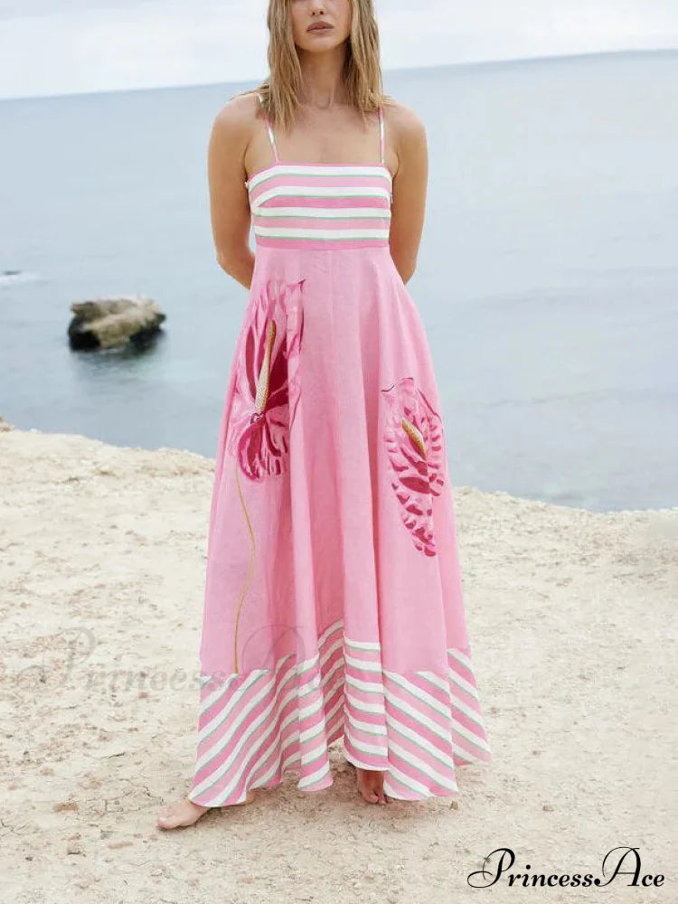 Floral Print Paneled Charming Striped Suspender Mixi Dress Dresses