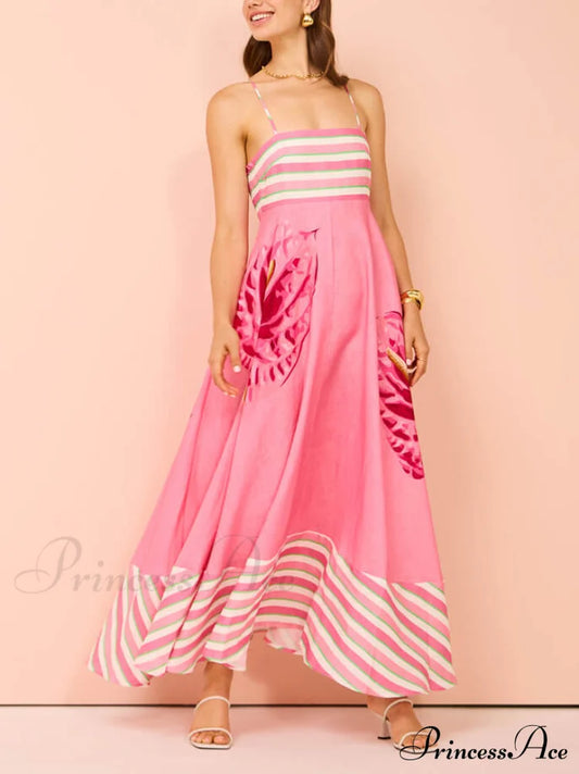 Floral Print Paneled Charming Striped Suspender Mixi Dress Pink / S Dresses