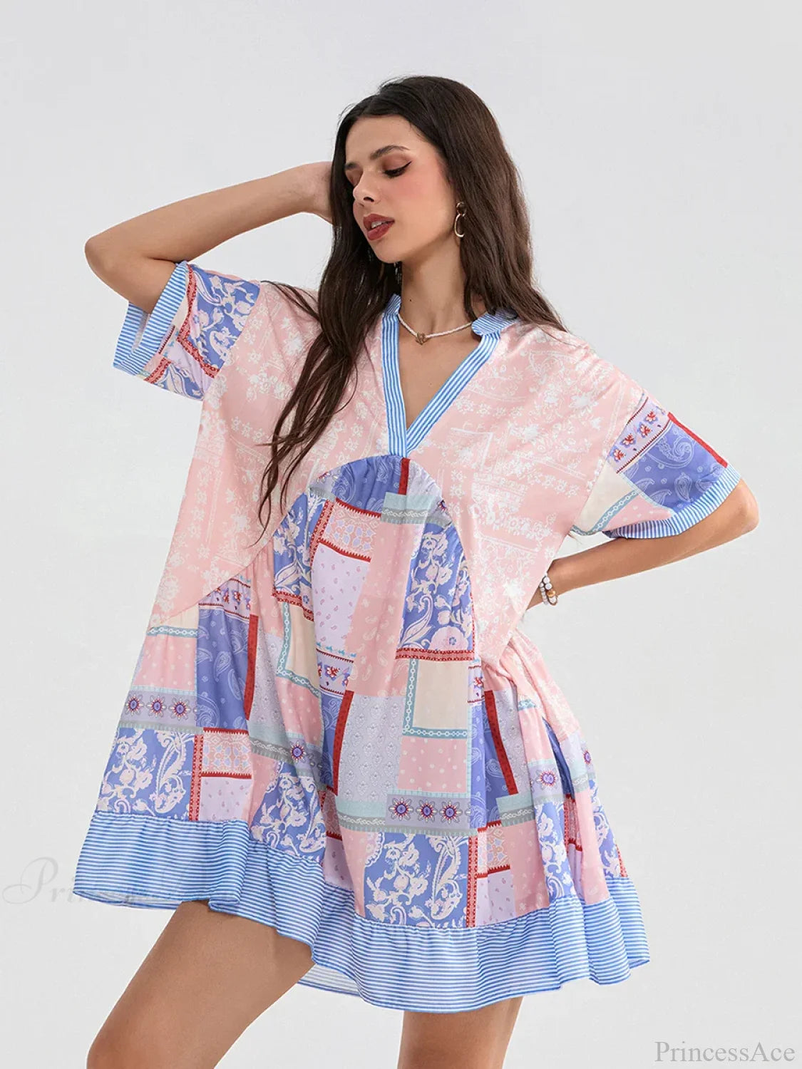 Floral Print Patchwork Flowy V-neck Loose A-Line Mini Floral Dress Blue / S floraldress-250126