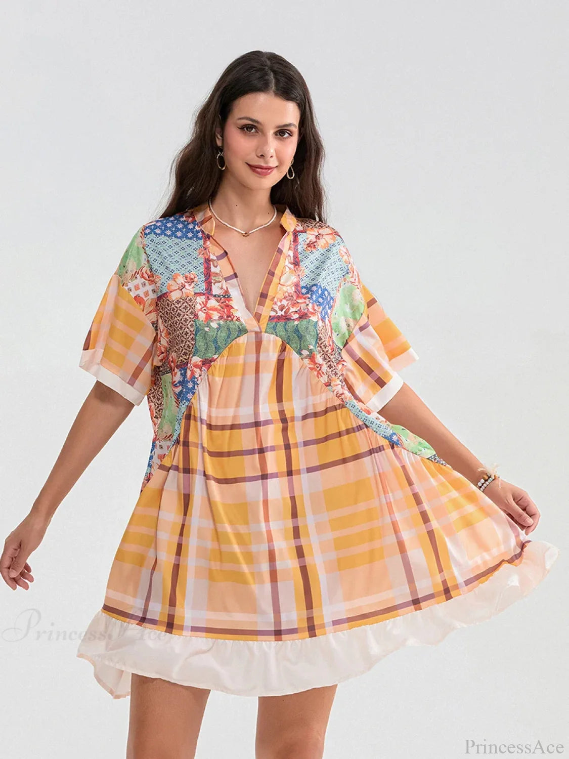 Floral Print Patchwork Flowy V-neck Loose A-Line Mini Floral Dress floraldress-250126