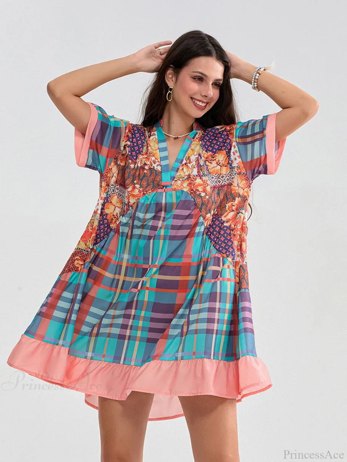 Floral Print Patchwork Flowy V-neck Loose A-Line Mini Floral Dress floraldress-250126