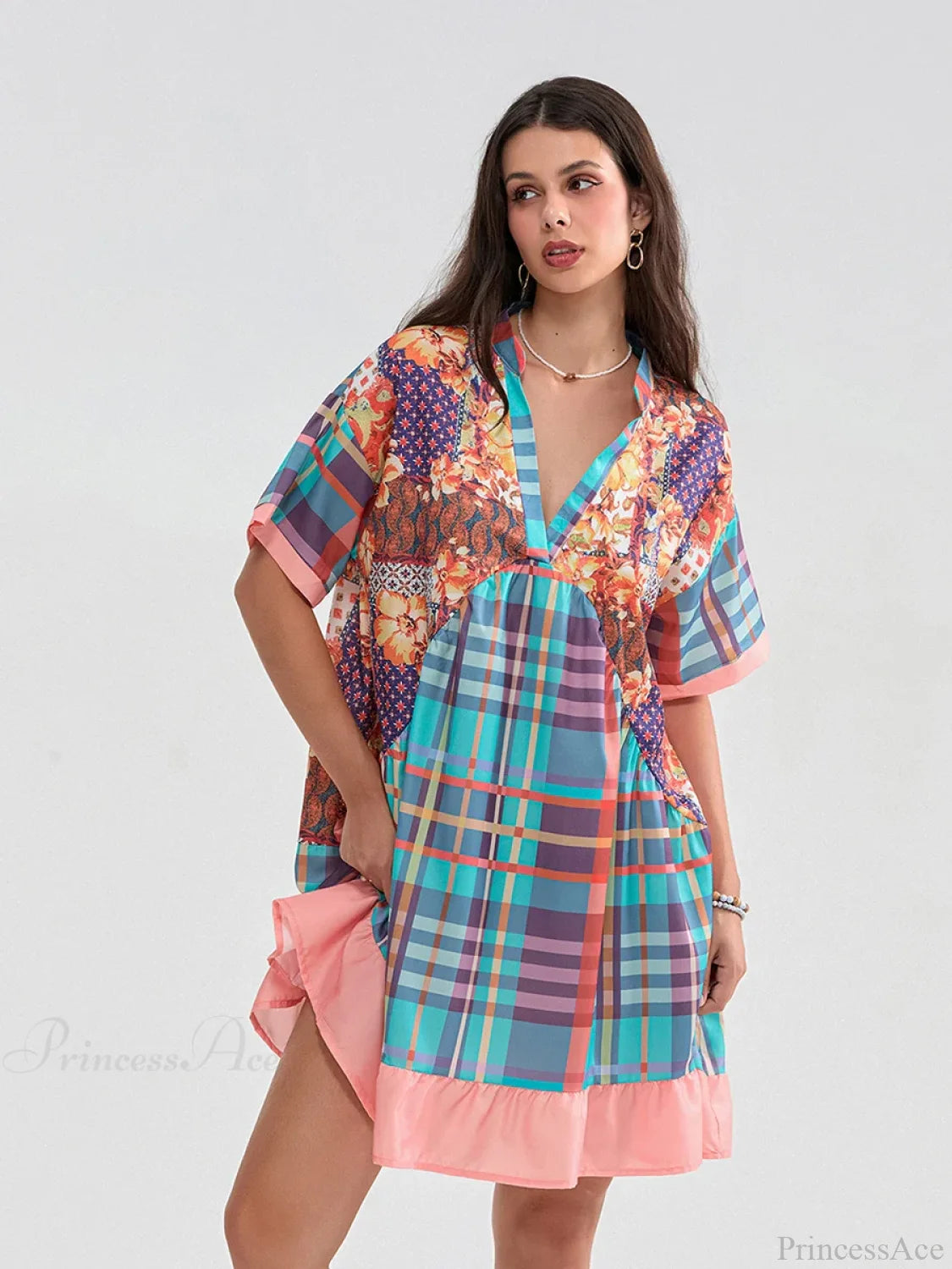 Floral Print Patchwork Flowy V-neck Loose A-Line Mini Floral Dress Mixed Color / S floraldress-250126