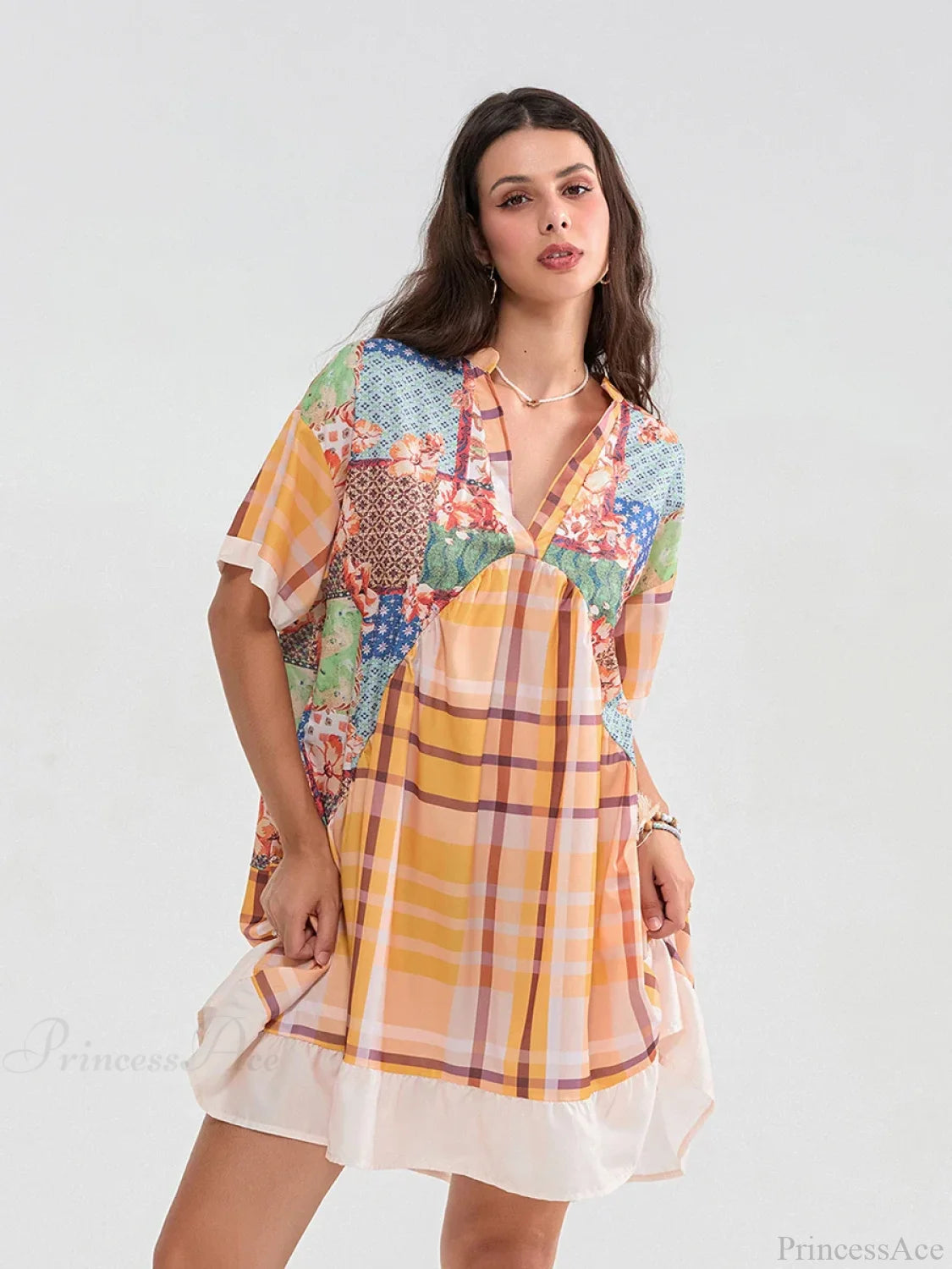 Floral Print Patchwork Flowy V-neck Loose A-Line Mini Floral Dress Yellow / S floraldress-250126