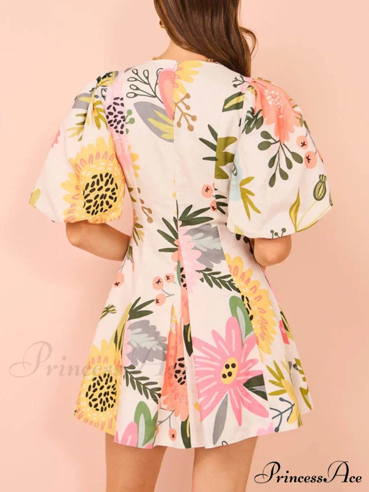 Floral Print Puff Charming Sleeve Pocketed Mini Dress Dresses