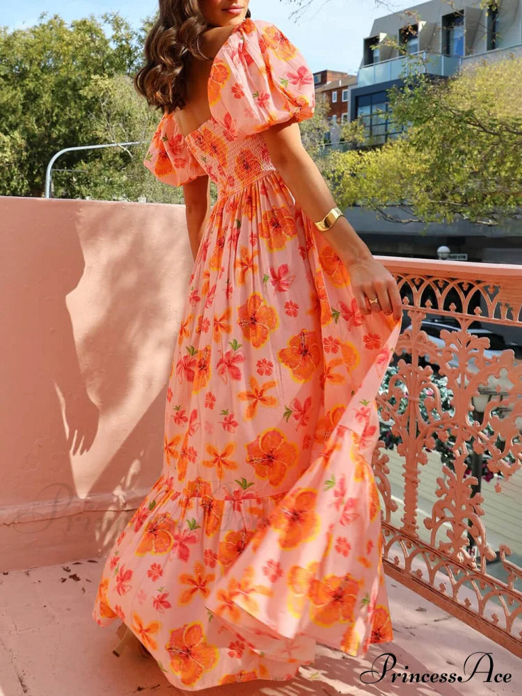 Floral Print Puff Sleeve Graceful Back Smocked Pocket Maxi Dress Dresses