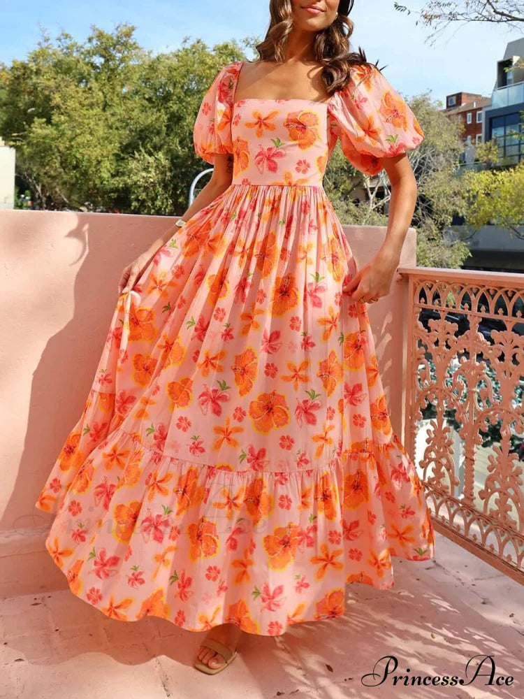 Floral Print Puff Sleeve Graceful Back Smocked Pocket Maxi Dress Dresses