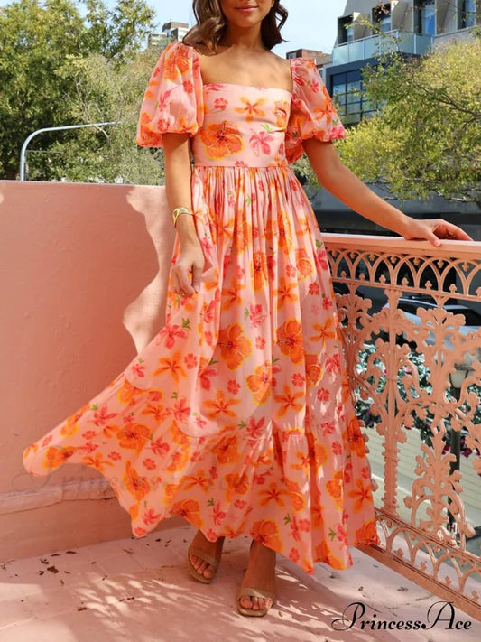 Floral Print Puff Sleeve Graceful Back Smocked Pocket Maxi Dress Orange / S Dresses