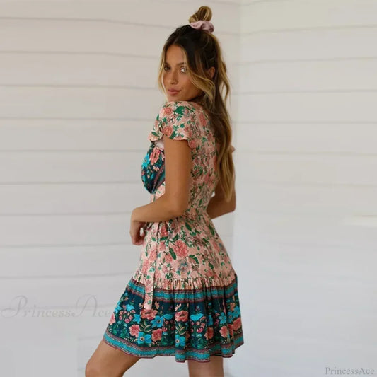 Floral Print Rayon Wrap Short Sleeve Sexy Vacation Mini Boho Dress bohodress-250126