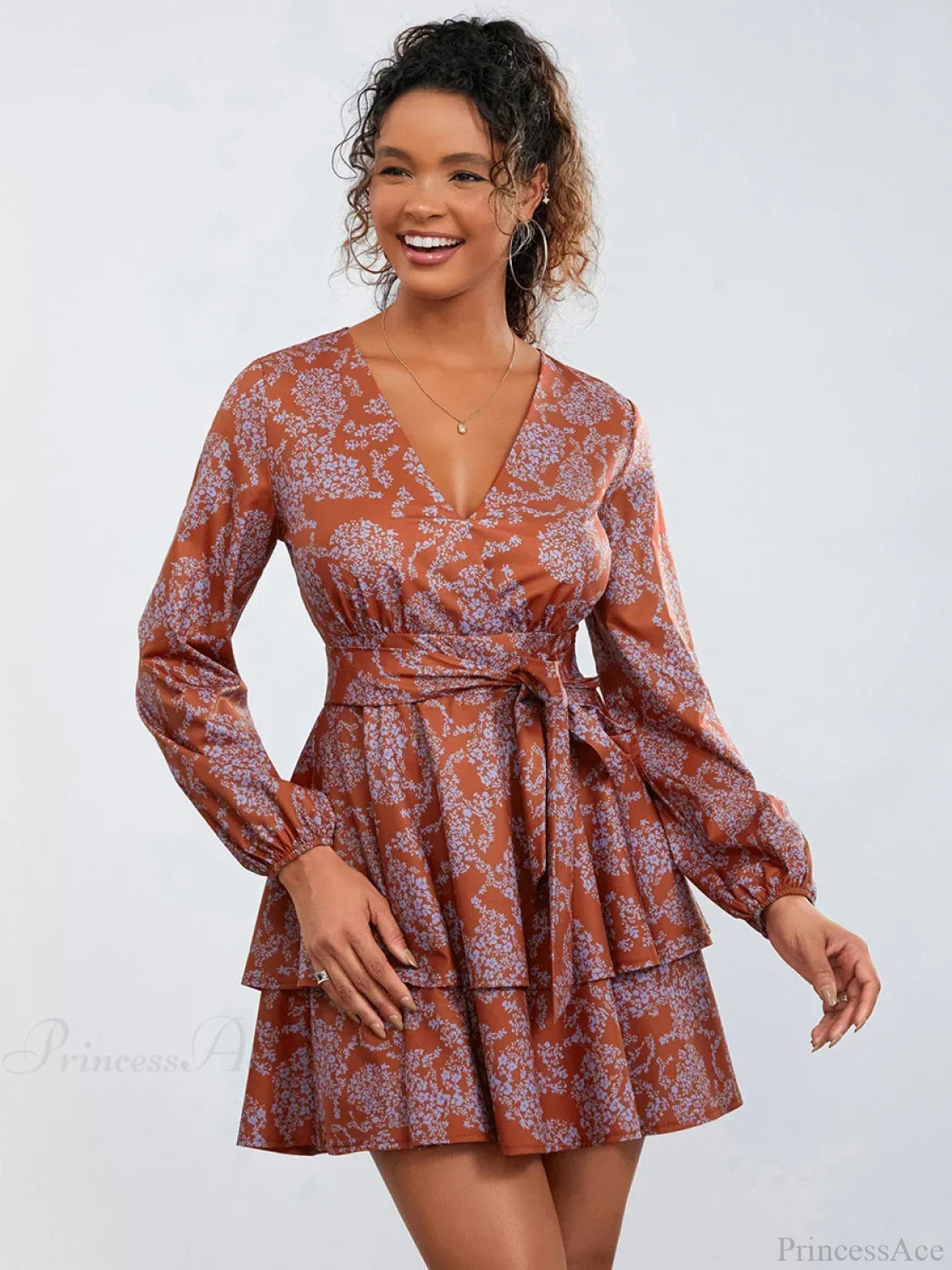 Floral Print Ruffles Tiered Mini Dress V-neck High Waist Floral Dress floraldress-250126