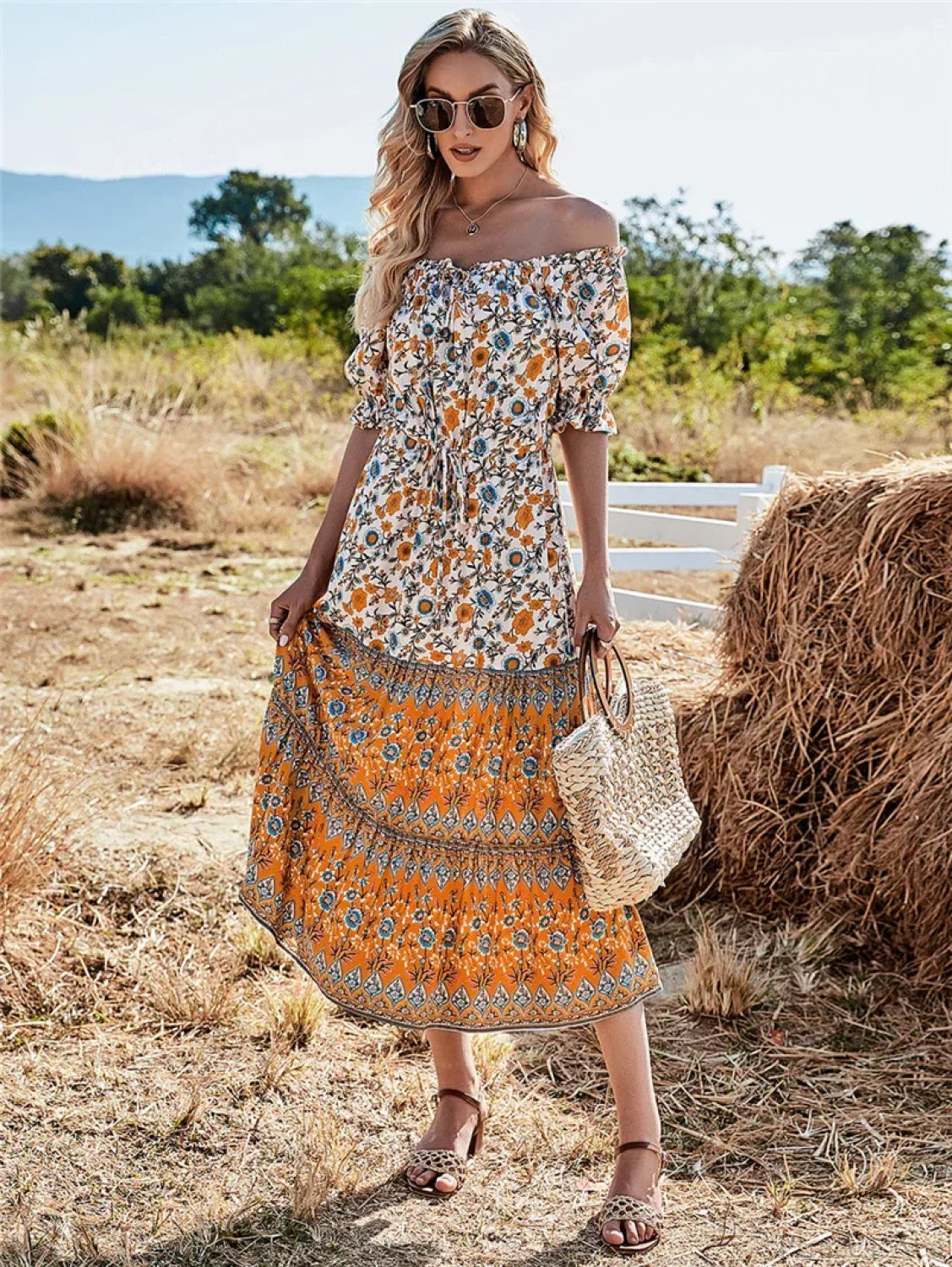 Floral Print Short Sleeve Off Shoulder Maxi Boho Dress YELLOW / S bohodress-250126