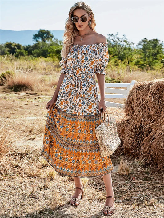 Floral Print Short Sleeve Off Shoulder Maxi Boho Dress YELLOW / S bohodress-250126