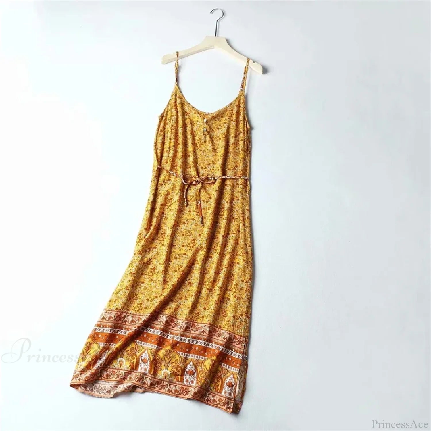 Floral Print Sleeveless Strap Rayon Cotton Midi Boho Dress Yellow / S bohodress-250126