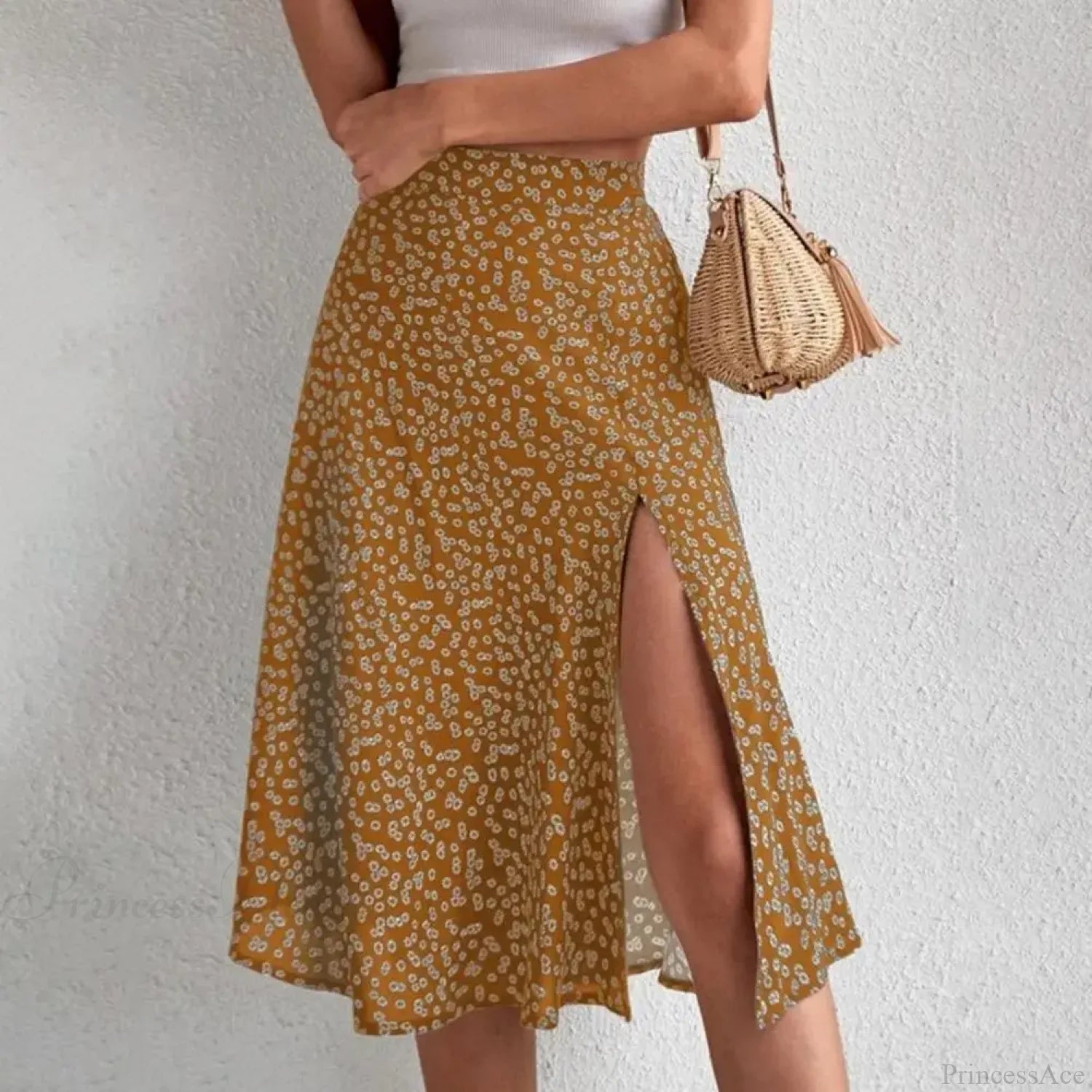 Floral Print Slit A-Line High Waist Loose Skirt Yellow / S skirt-250126