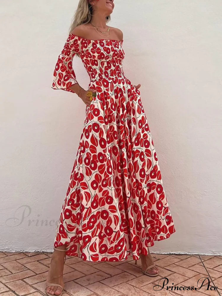 Floral Print Smocked Off Graceful Shoulder Pocketed Maxi Dress Dresses