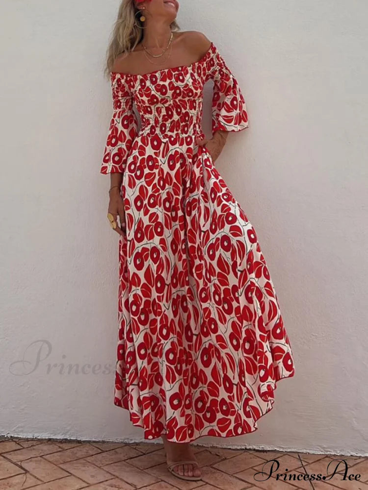 Floral Print Smocked Off Graceful Shoulder Pocketed Maxi Dress Dresses