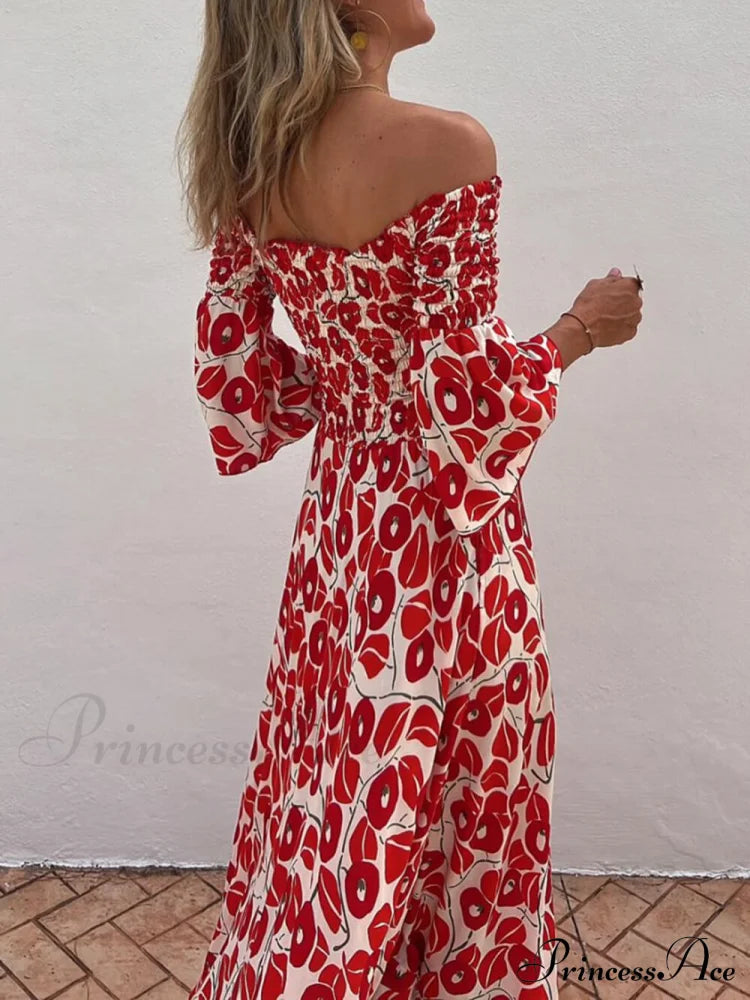 Floral Print Smocked Off Graceful Shoulder Pocketed Maxi Dress Dresses