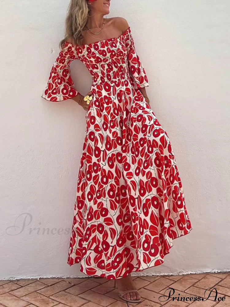 Floral Print Smocked Off Graceful Shoulder Pocketed Maxi Dress Red / S Dresses