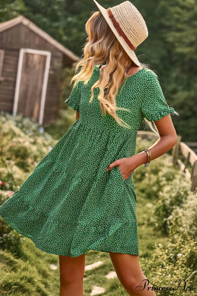 Floral Print Smocked Trendy Bohemian Mini Dress