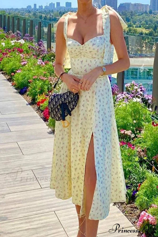 Floral Print Split Dress With Tie-Straps Light Yellow / L Midi Dresses