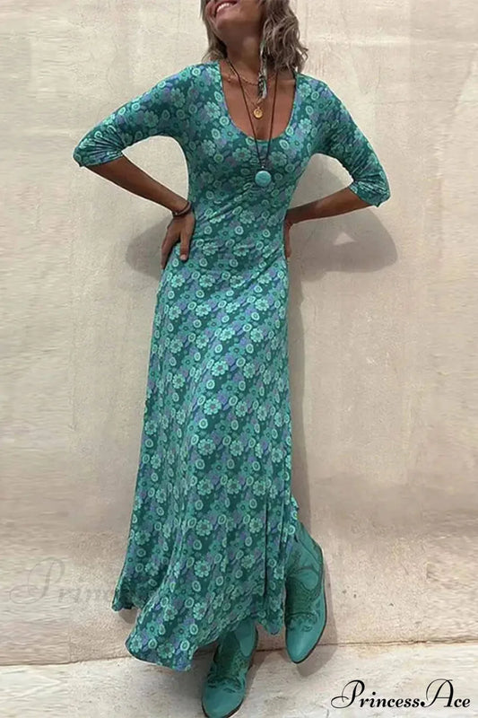 Floral Print Stylish Midi Dress Green / S Dresses