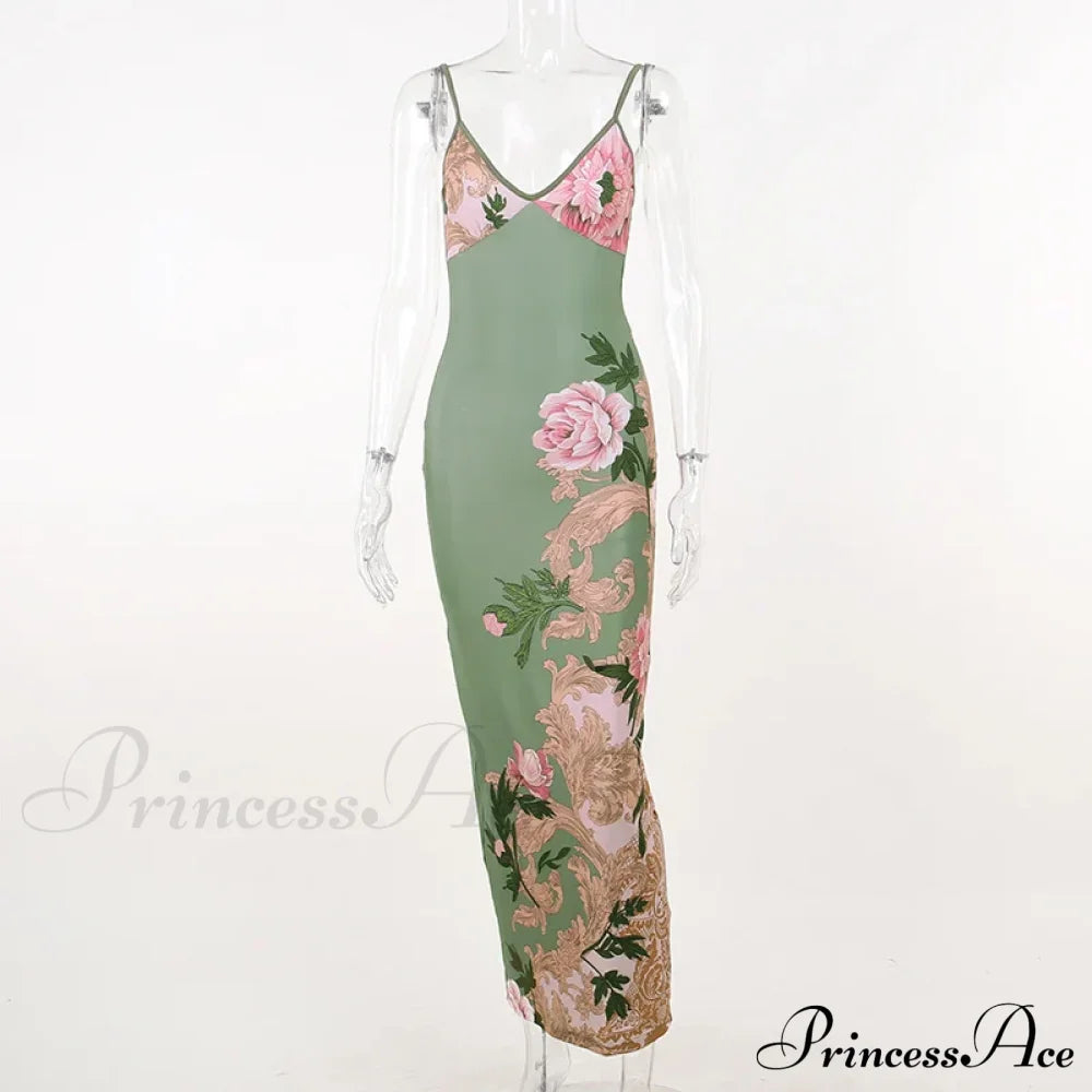 Floral Print Suspender V-Neck Maxi 2024 Chic Female Beach Party Club Bodycon Dress