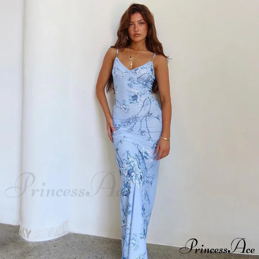 Floral Print Suspender V-Neck Maxi 2024 Chic Female Beach Party Club Bodycon Dress Blue / S