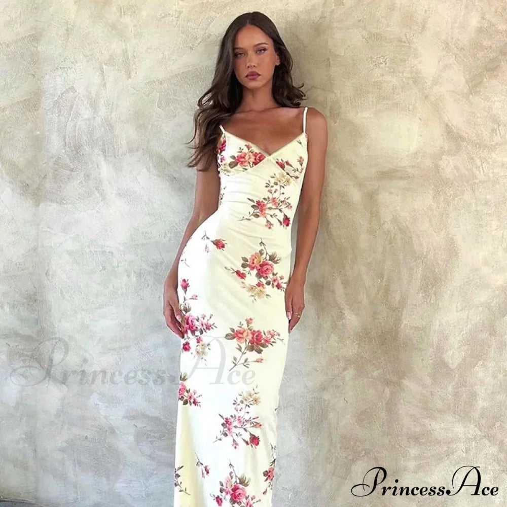 Floral Print Suspender V-Neck Maxi 2024 Chic Female Beach Party Club Bodycon Dress Pink / S