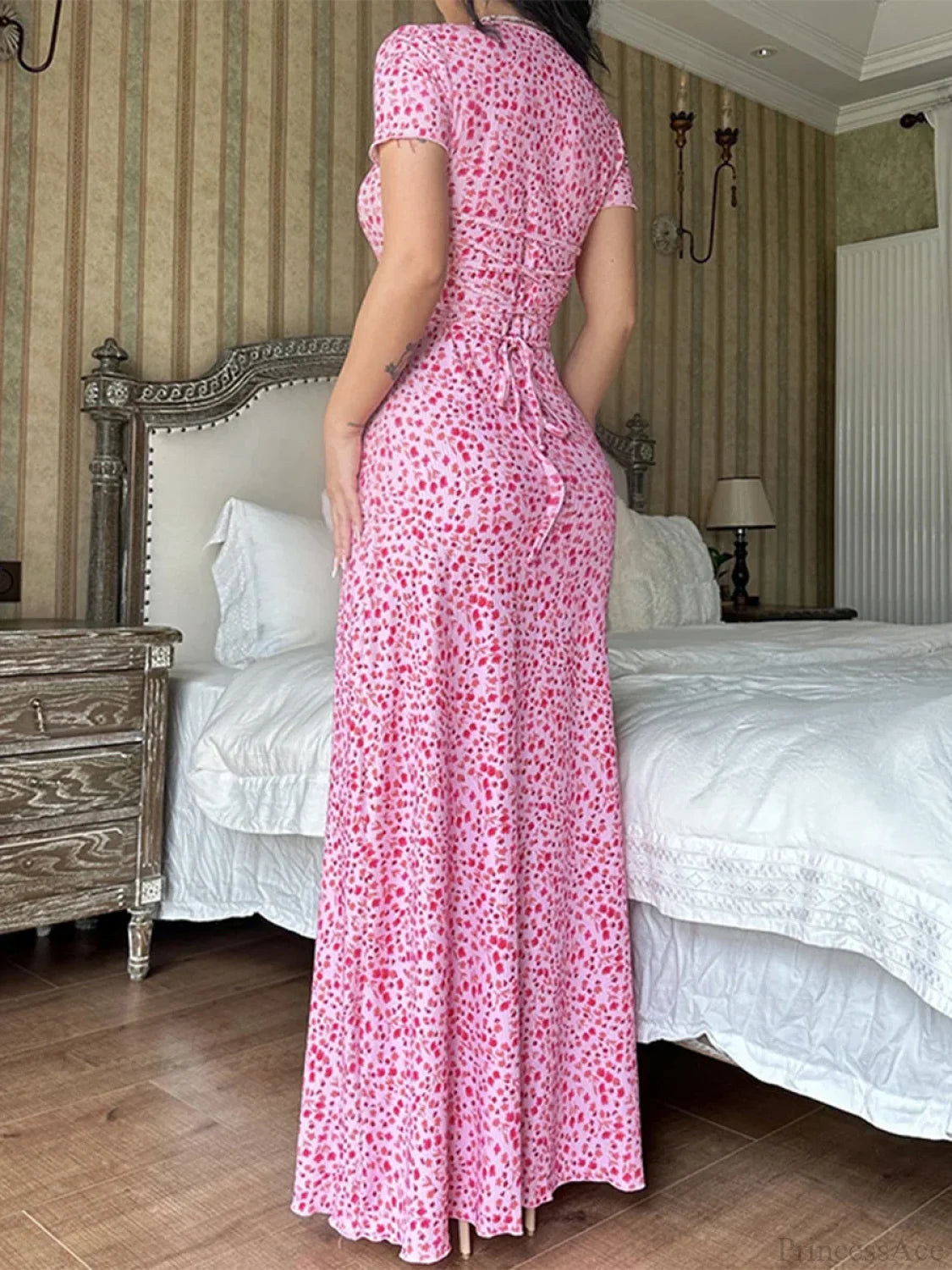 Floral Print T-Shirt Tie Back U-neck A-Line Long Floral Dress floraldress-250126