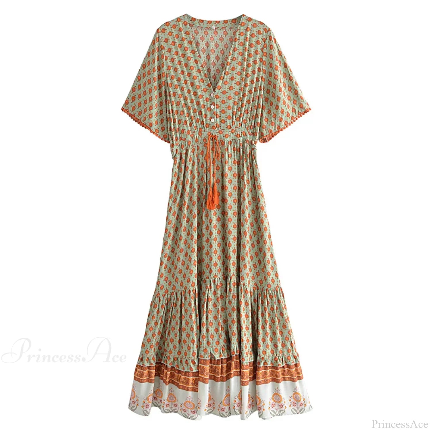 Floral Print Tassel V-neck Rayon Cotton Maxi Boho Dress bohodress-250126